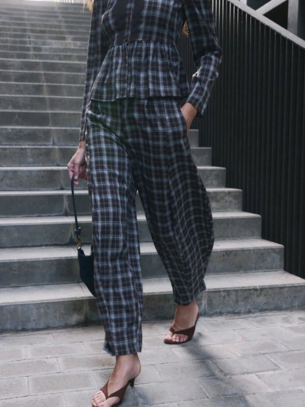 Brown & Blue Plaid Wide Ballon Leg Pants - Loose Fit Woven Trousers